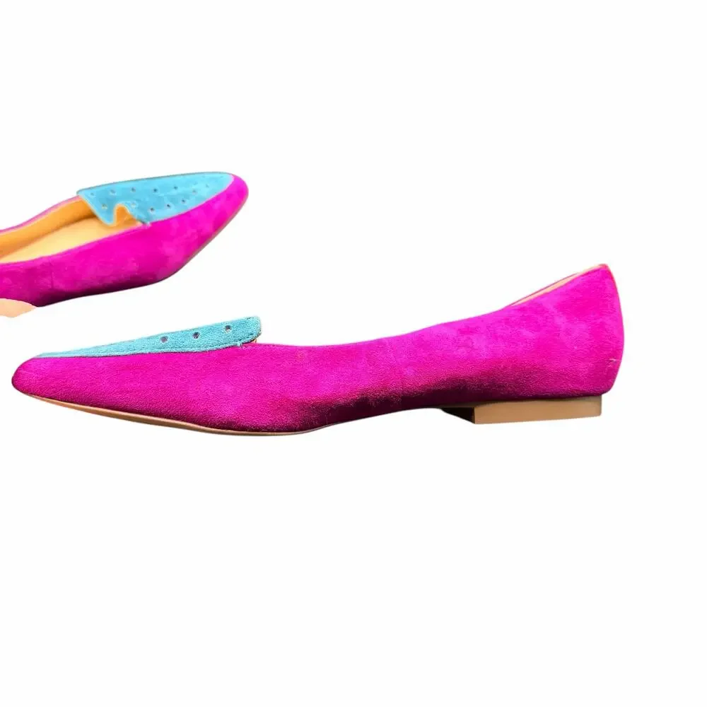 Brian Atwood Suede Flats 9.5 Pink Blue Pointed Toe Colorblock Perforated